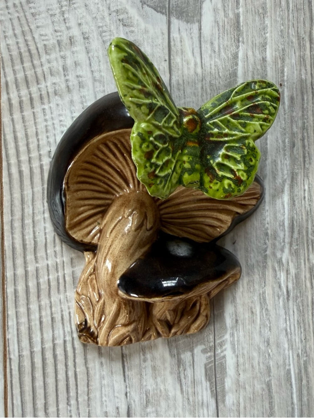 Vintage 1970’s Plaster Mushroom Wall Hanging Butterfly Brown Green RARE